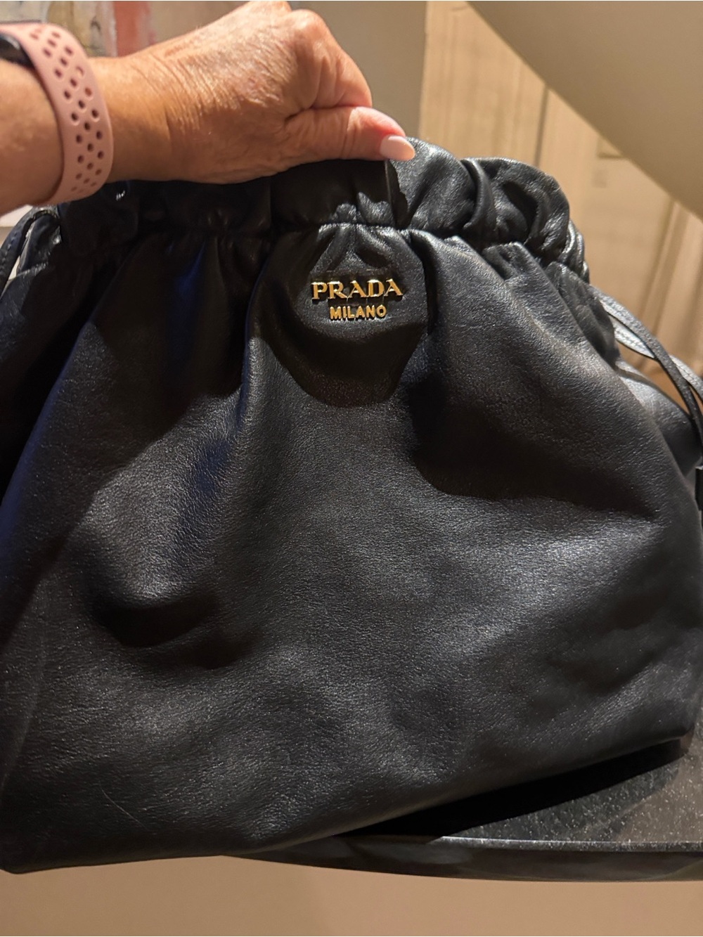 Prada Nero Large Drawstring Leather Tote with Gold Logo - Picture 1 of 16